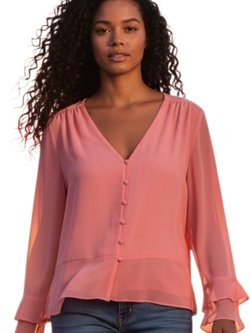 NWT Vince Camuto Coral Pink V-Neck Bell Sleeve Blouse Size M Boho fairycore